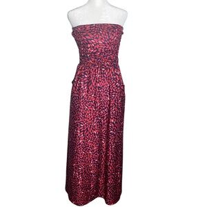 Happy Sailed Women’s Strapless Maxi Dress – Tribal Print, Red, Size M, Pockets